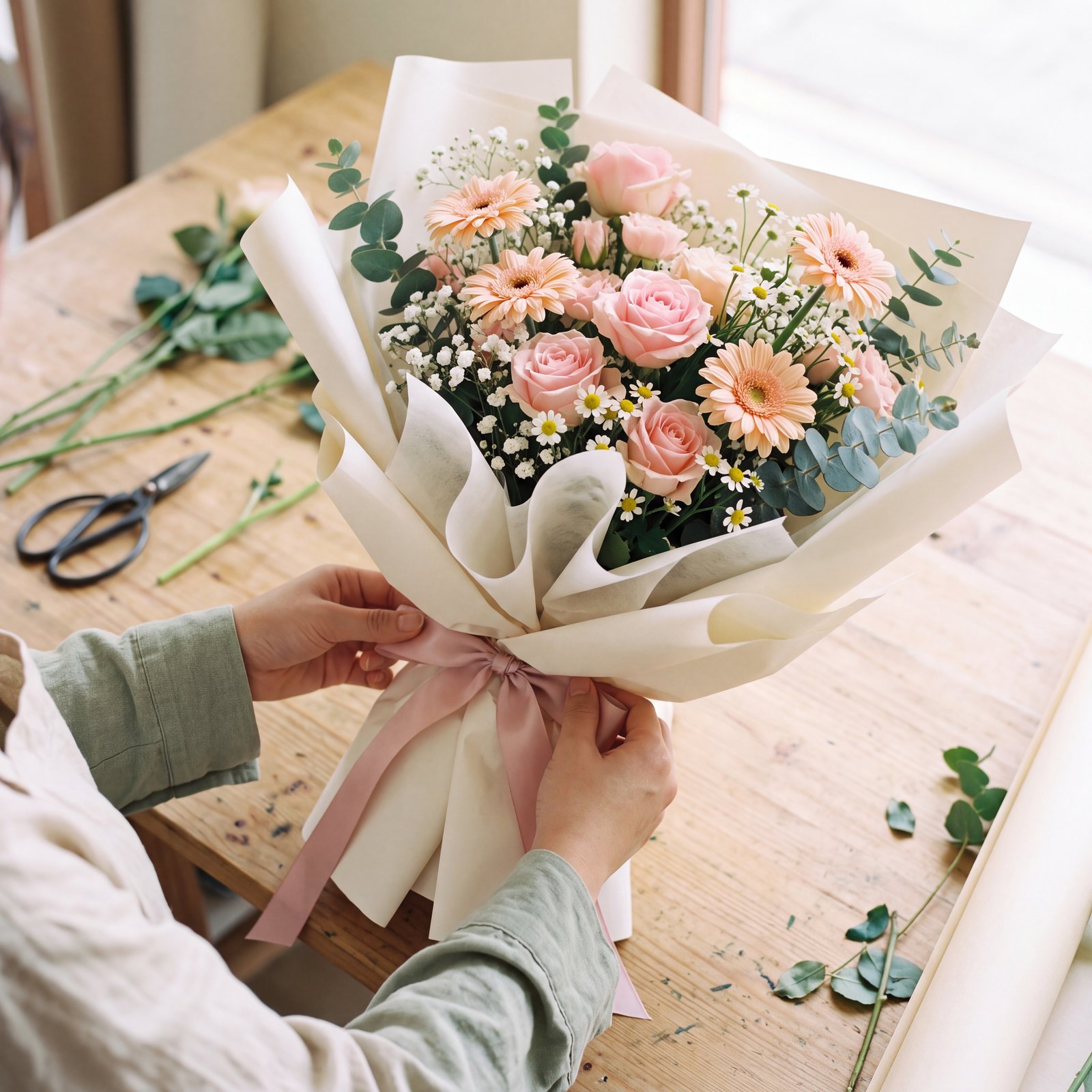 A marble hand holding a single pink peony